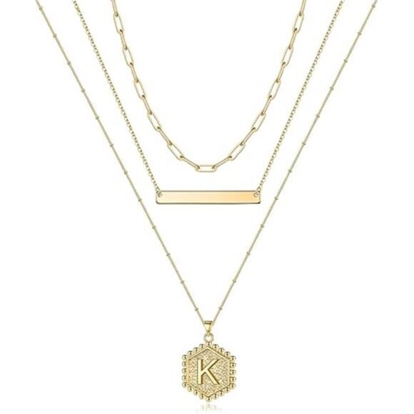 Gold Layered Initial Necklaces for Women, 14K Gold Plated Bar Necklace Handmade - Picture 7 of 7